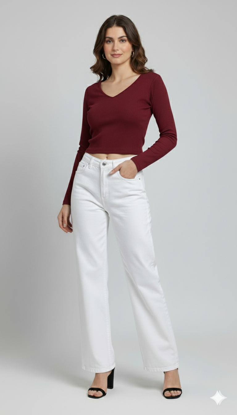 V NECK FULLL SLEEVES WOMEN SOLID TOP