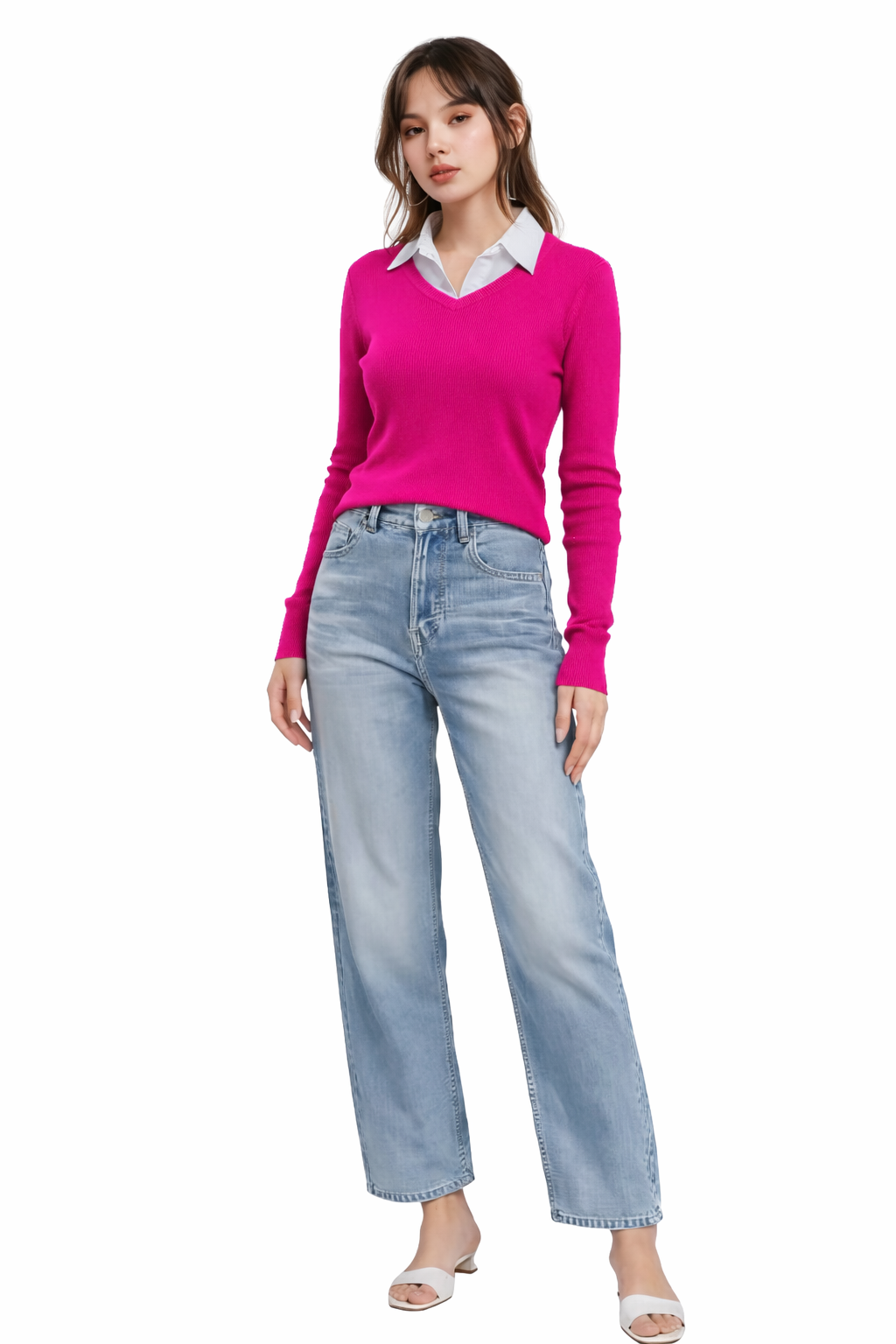 WHITE COTTON COLLAR FULLL SLEEVES WOMEN SOLID TOP