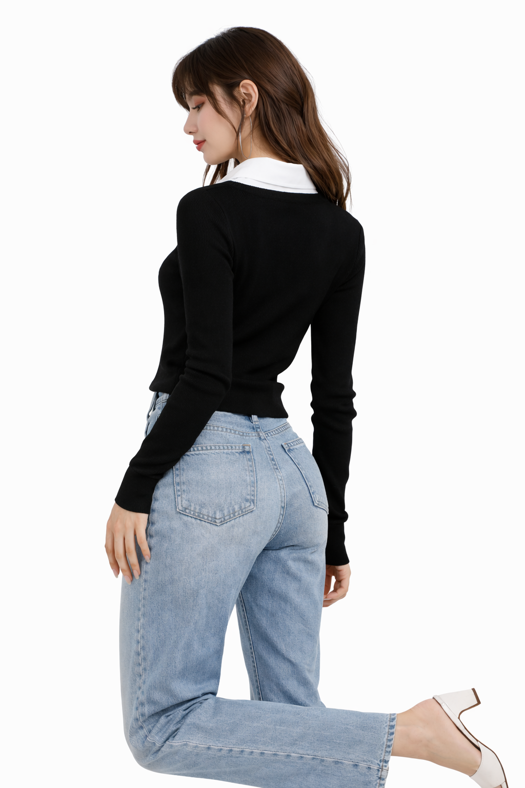 WHITE COTTON COLLAR FULLL SLEEVES WOMEN SOLID TOP