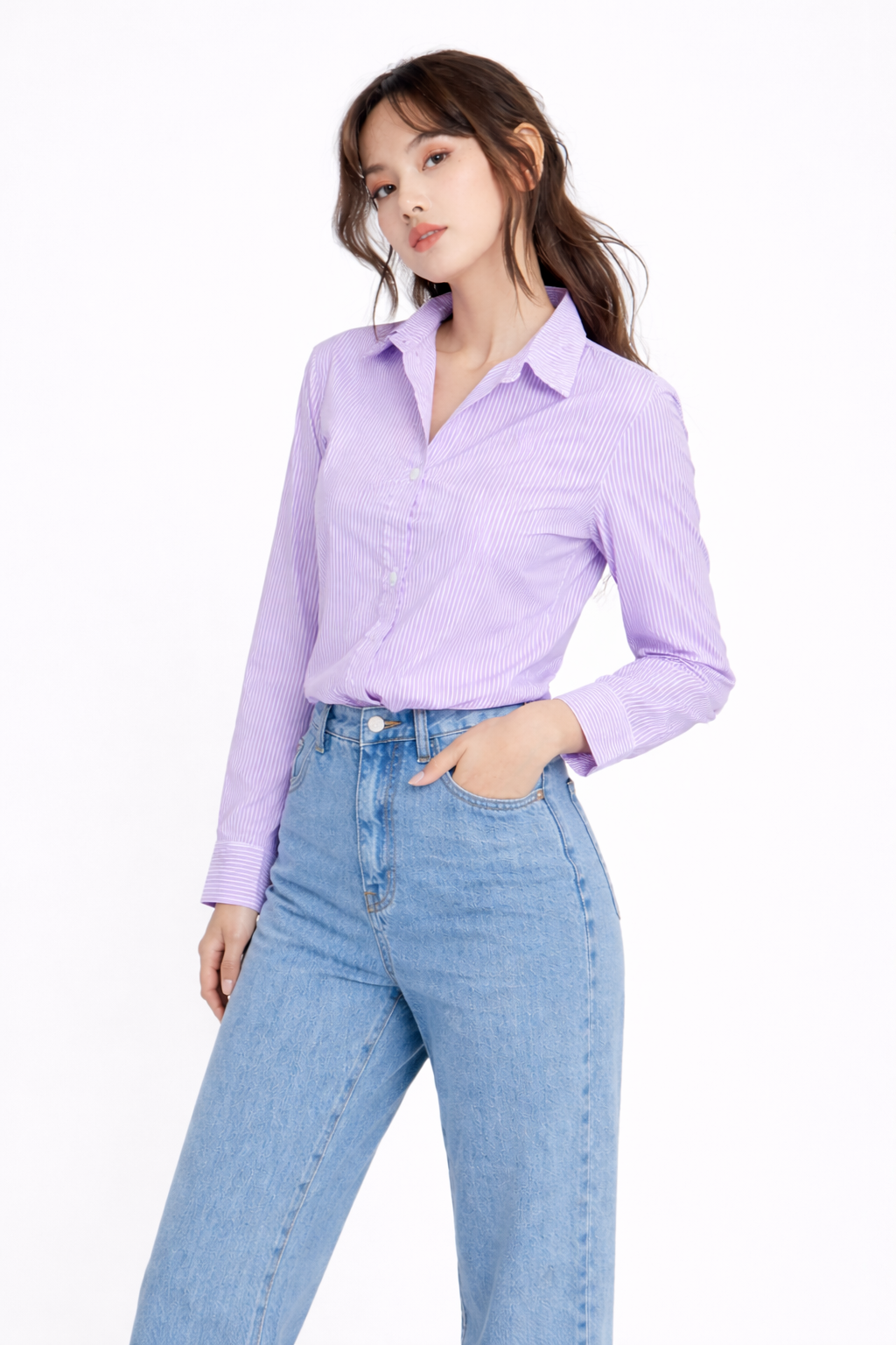 STRIPED COTTON FULL SLEEVES WOMEN CROPPED SHIRT