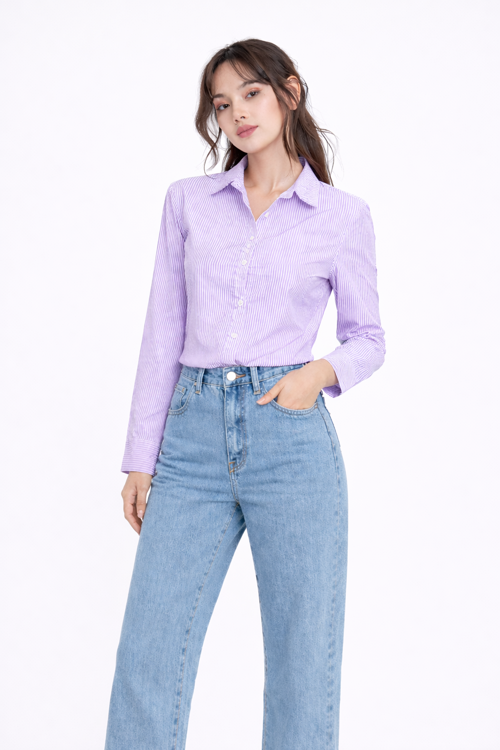 STRIPED COTTON FULL SLEEVES WOMEN CROPPED SHIRT