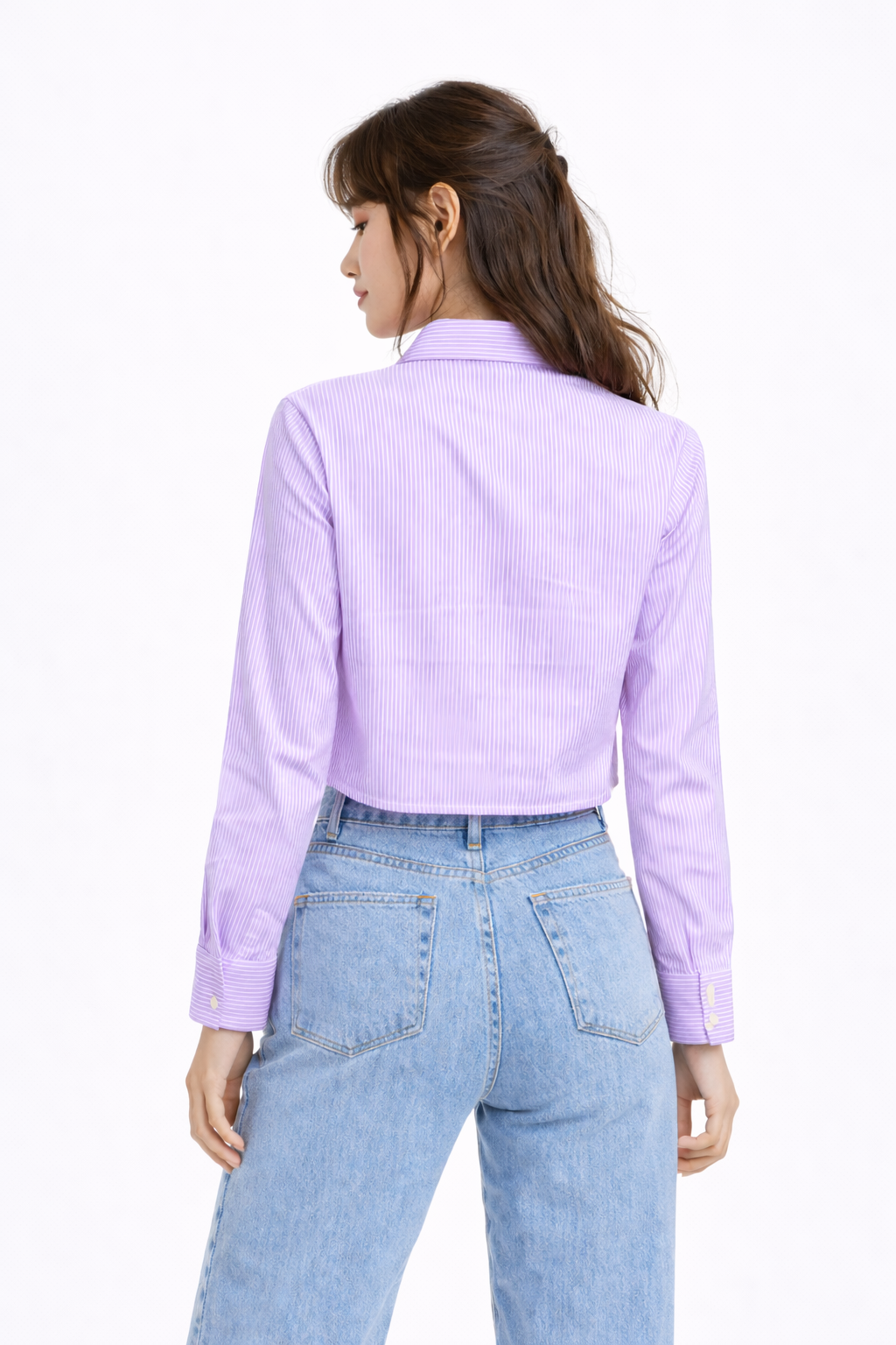 STRIPED COTTON FULL SLEEVES WOMEN CROPPED SHIRT