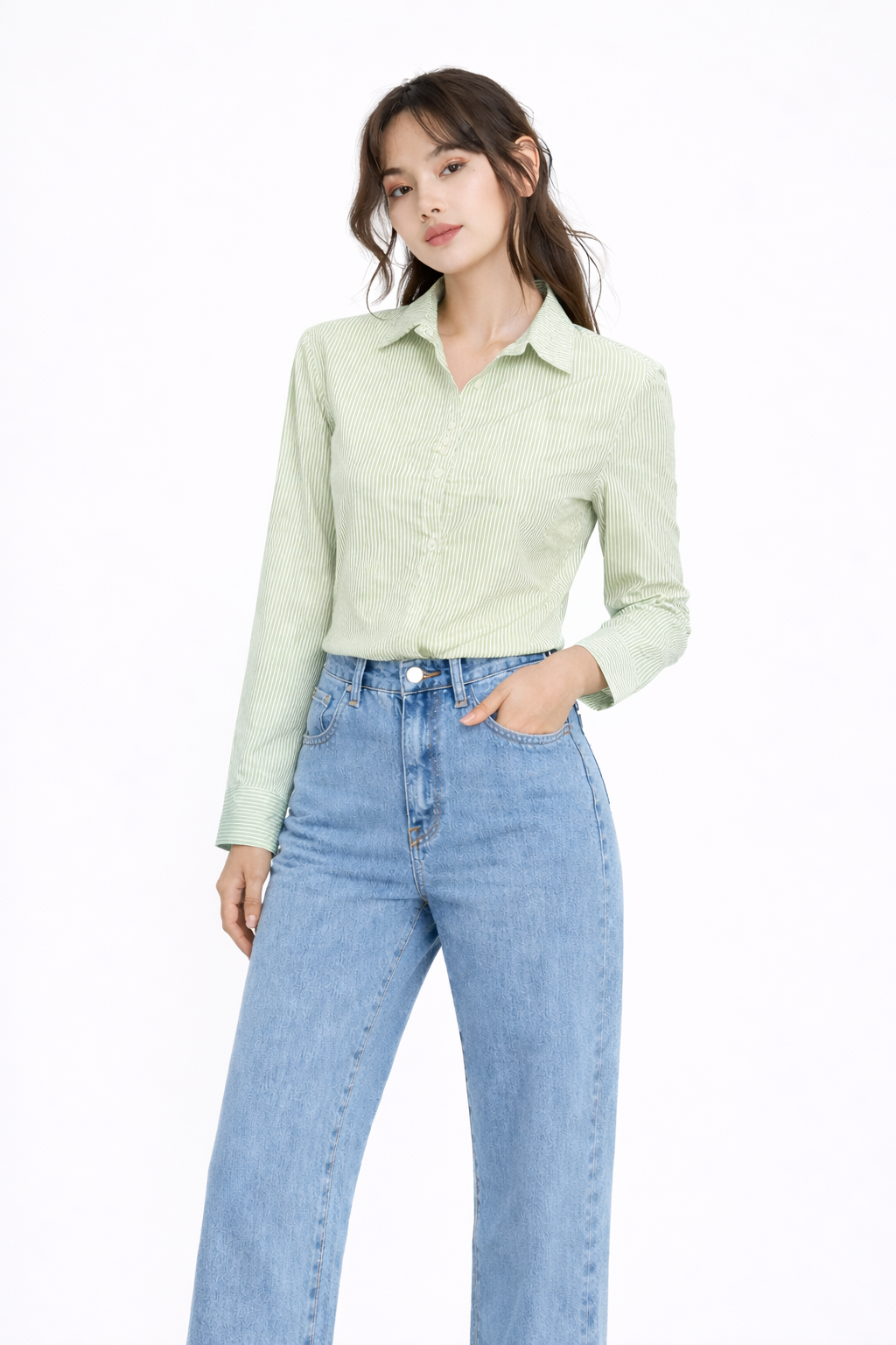 STRIPED COTTON FULL SLEEVES WOMEN CROPPED SHIRT