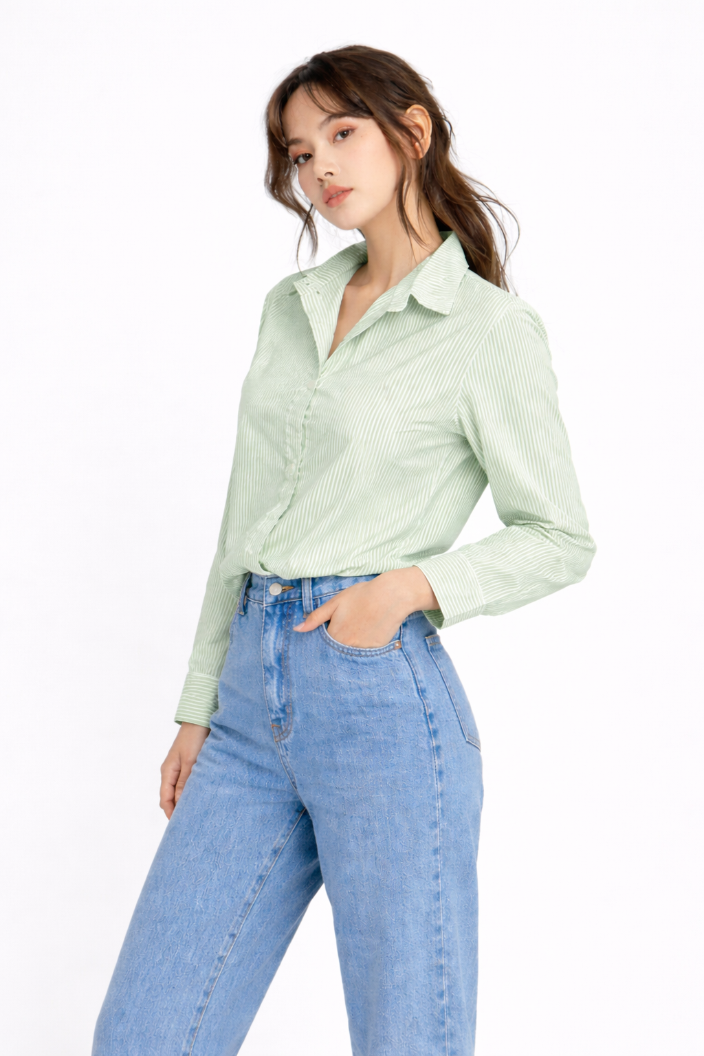 STRIPED COTTON FULL SLEEVES WOMEN CROPPED SHIRT