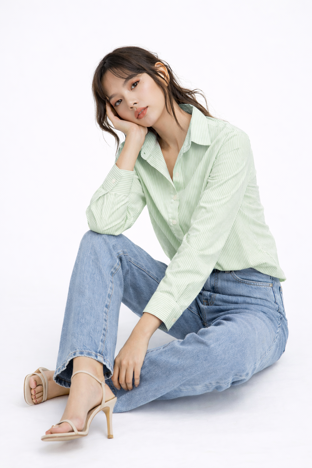 STRIPED COTTON FULL SLEEVES WOMEN CROPPED SHIRT