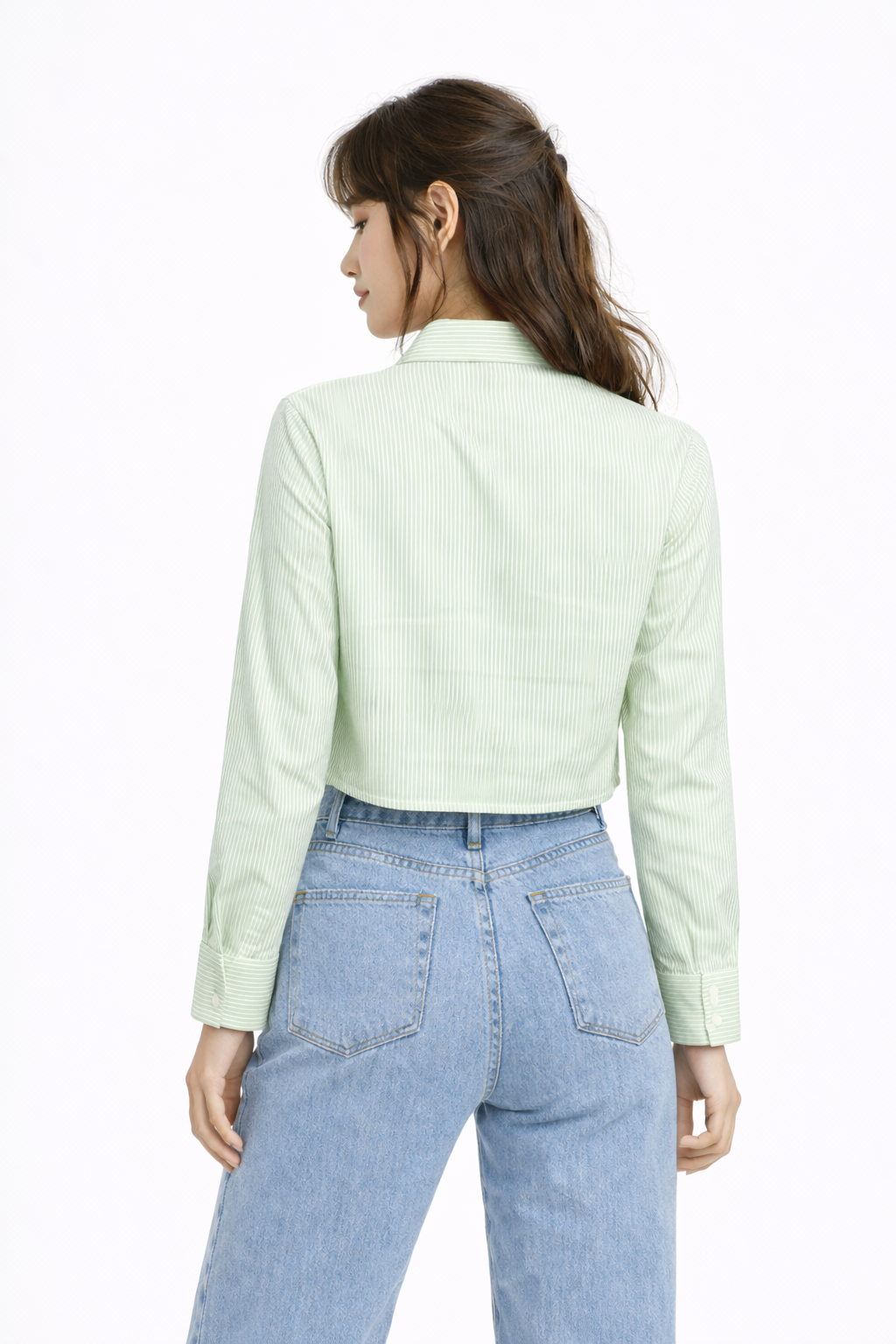 STRIPED COTTON FULL SLEEVES WOMEN CROPPED SHIRT