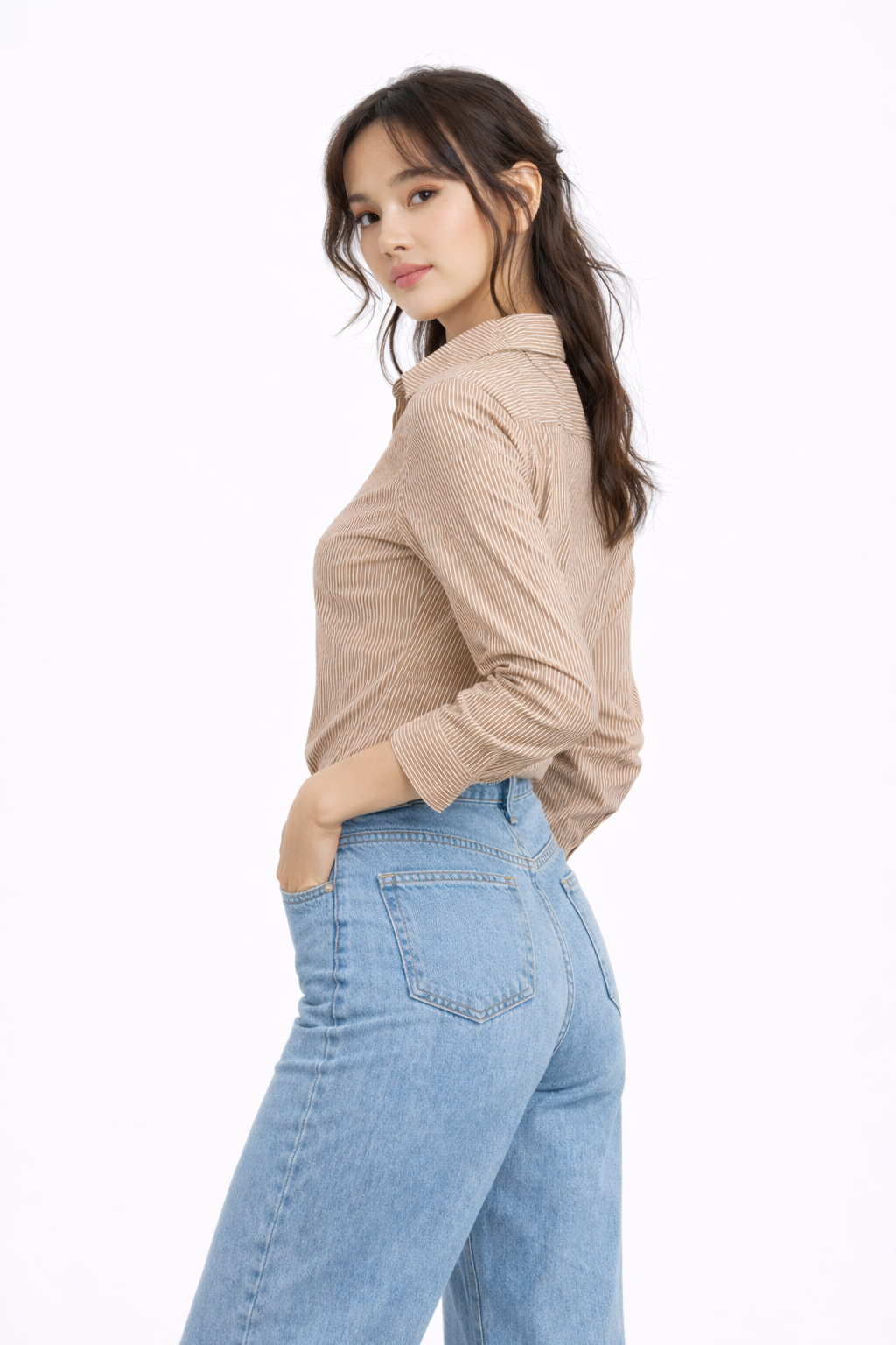 STRIPED COTTON FULL SLEEVES WOMEN CROPPED SHIRT