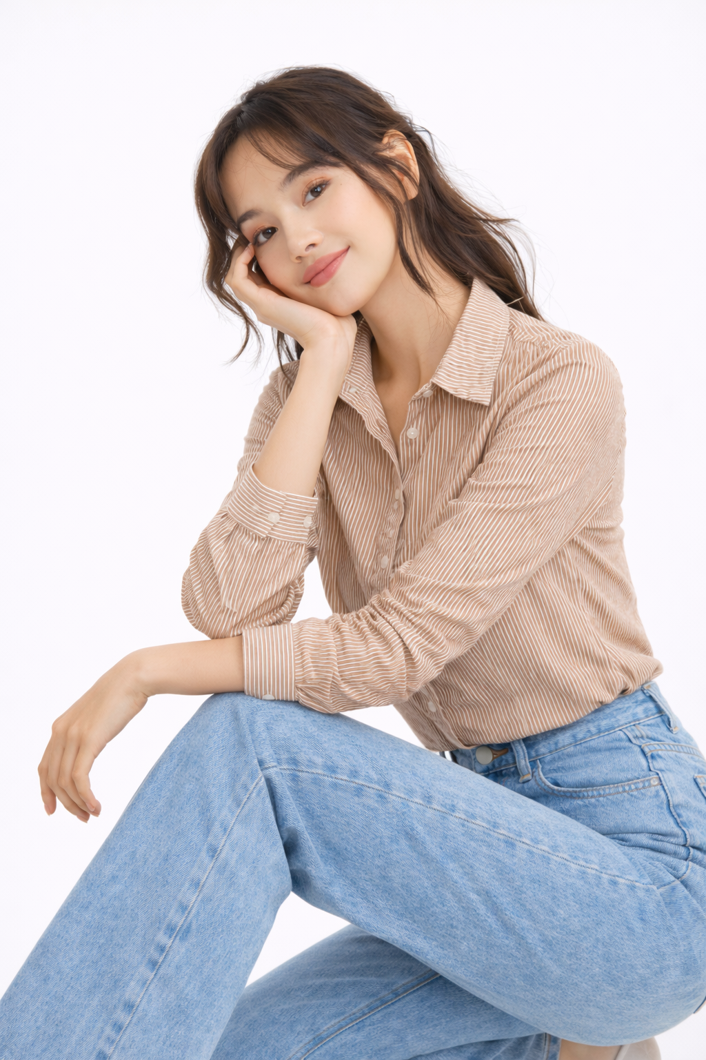 STRIPED COTTON FULL SLEEVES WOMEN CROPPED SHIRT