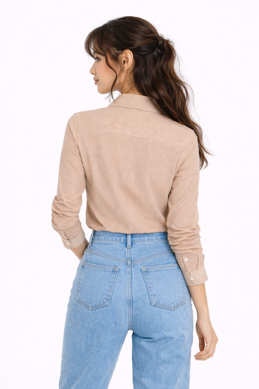 STRIPED COTTON FULL SLEEVES WOMEN CROPPED SHIRT