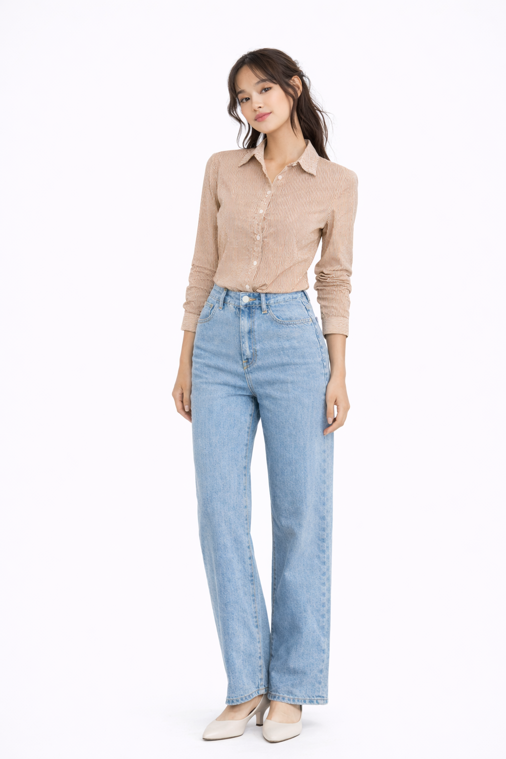 STRIPED COTTON FULL SLEEVES WOMEN CROPPED SHIRT