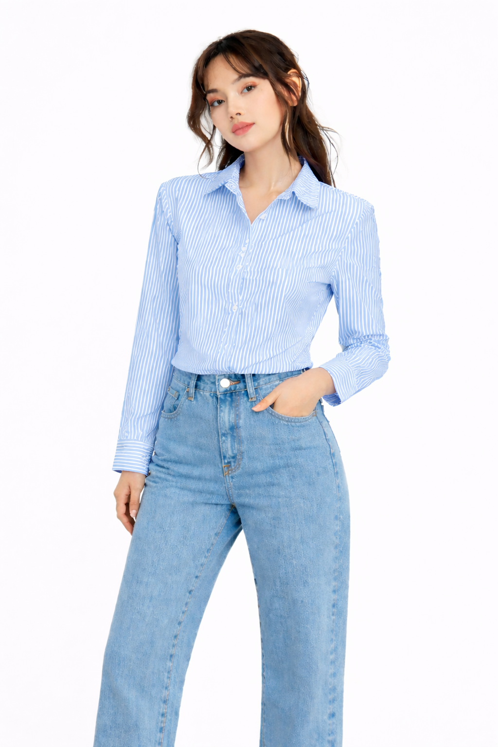 STRIPED COTTON FULL SLEEVES WOMEN CROPPED SHIRT