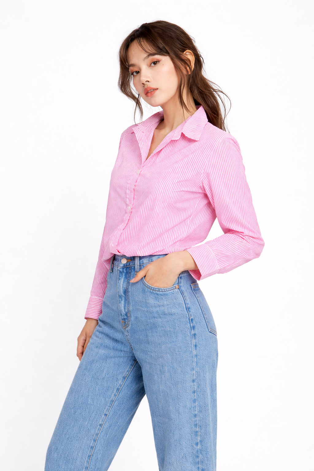 STRIPED COTTON FULL SLEEVES WOMEN CROPPED SHIRT