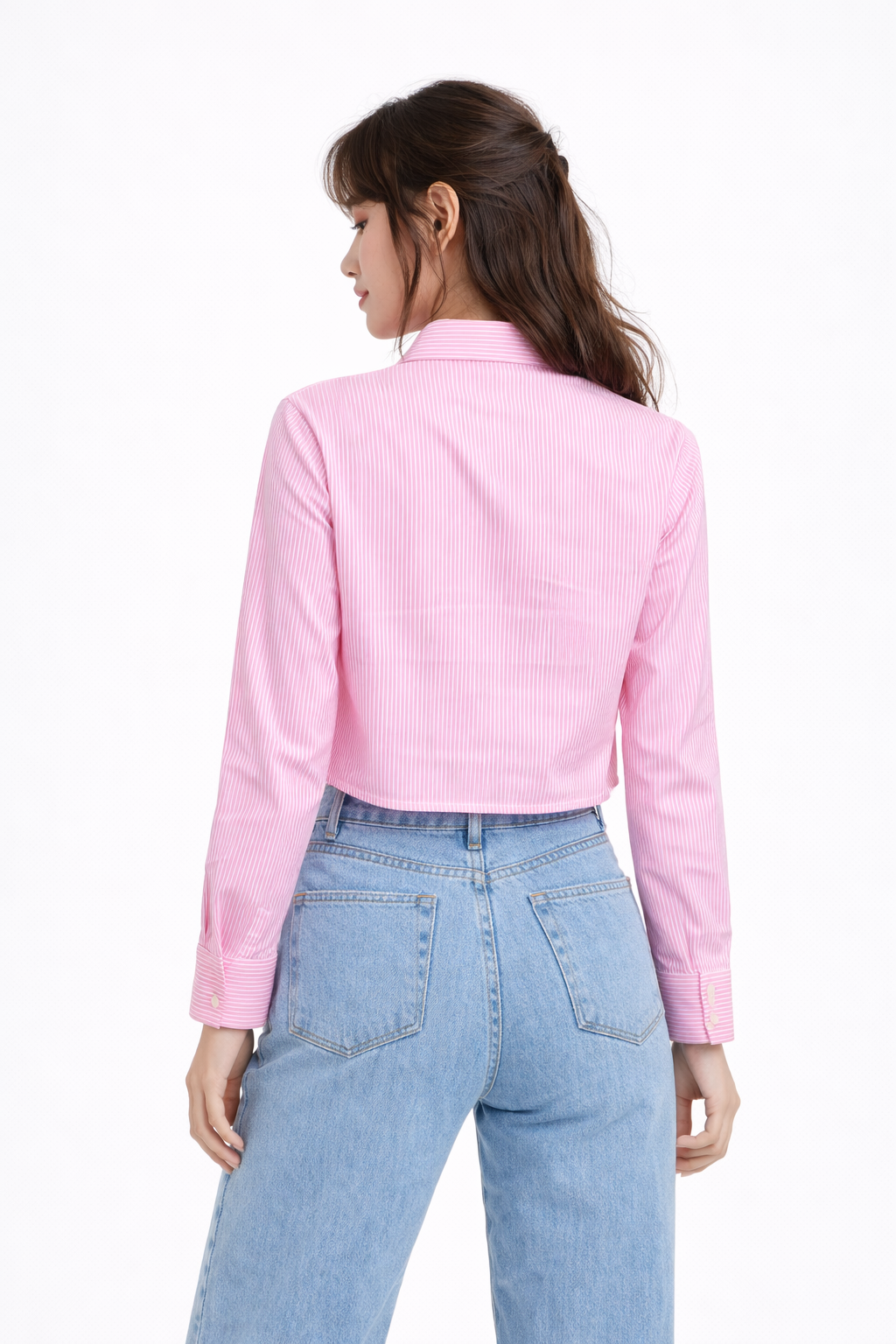 STRIPED COTTON FULL SLEEVES WOMEN CROPPED SHIRT