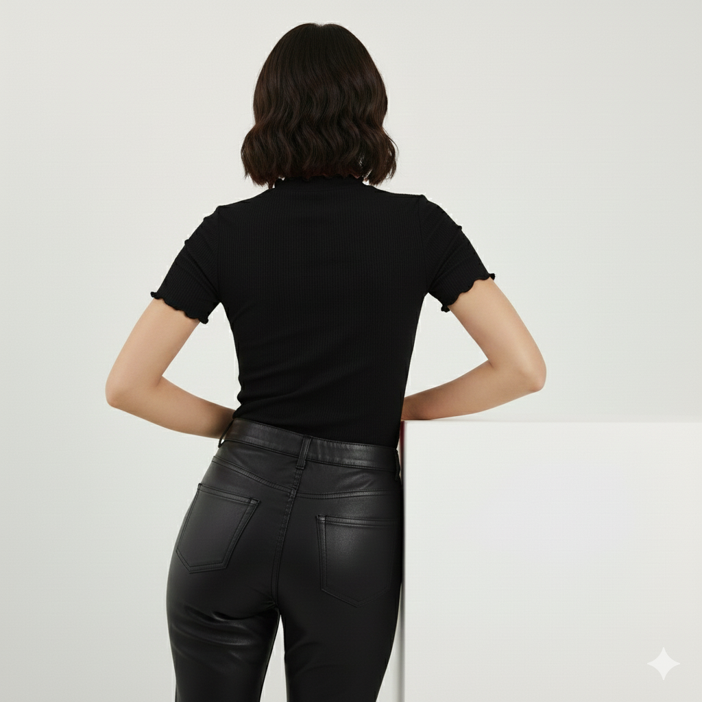 TEXTURED MOCK NECK HALF SLEEVES WOMEN SOLID TOP