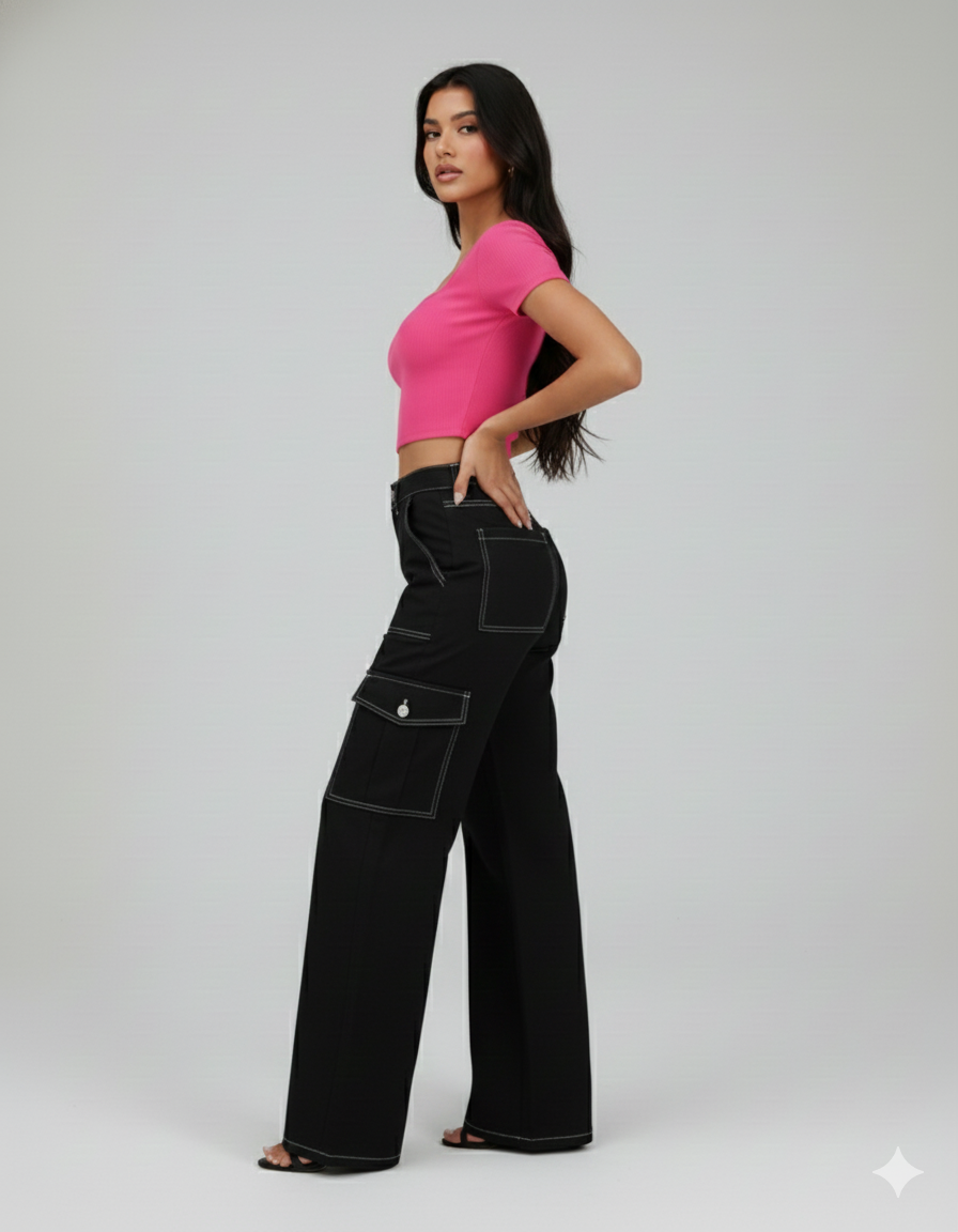 SQUARE NECK HALF SLEEVES CROPPED TOP WITH CARGO