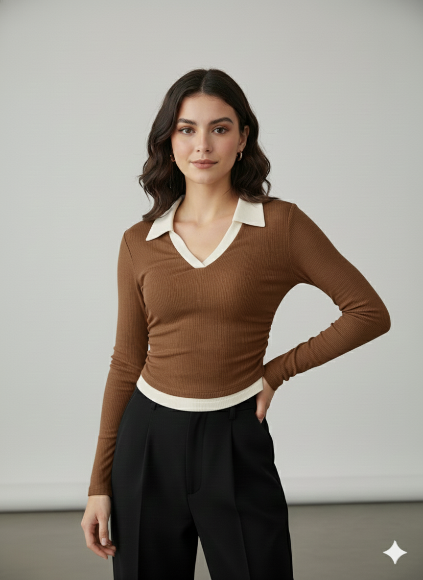 WHITE COLLAR FULLL SLEEVES WOMEN SOLID TOP