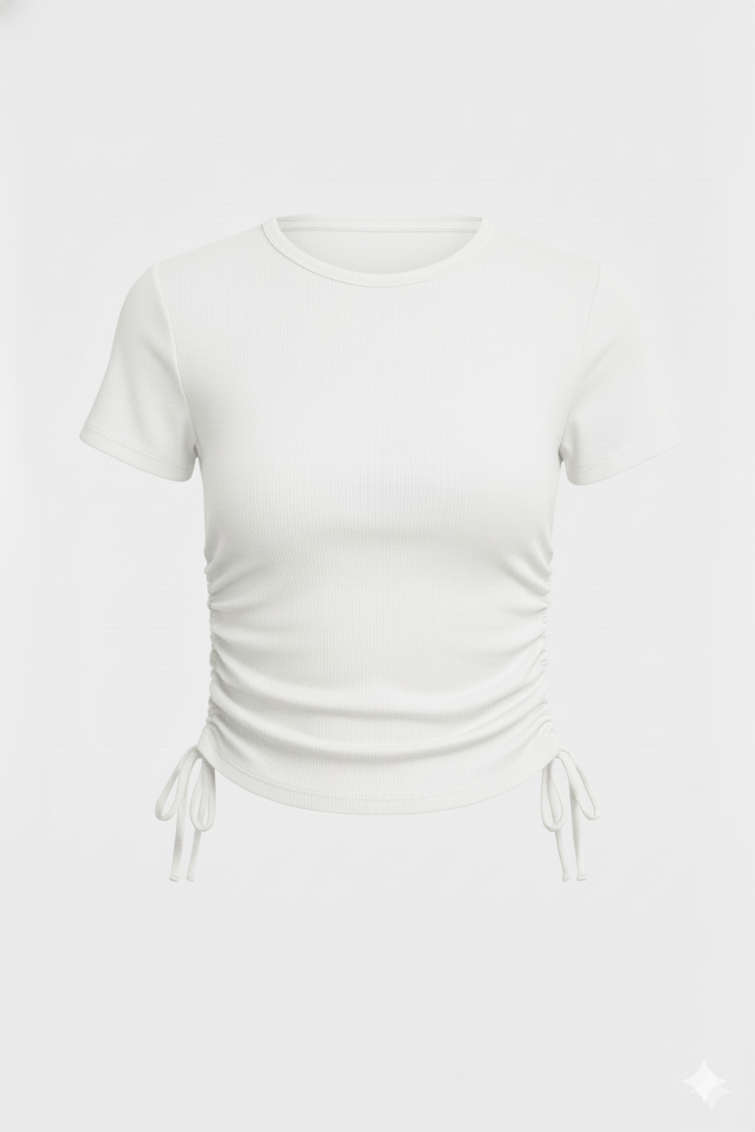 SIDE DRWASTEING ROUND NECK HALF SLEEVES WOMEN TOP