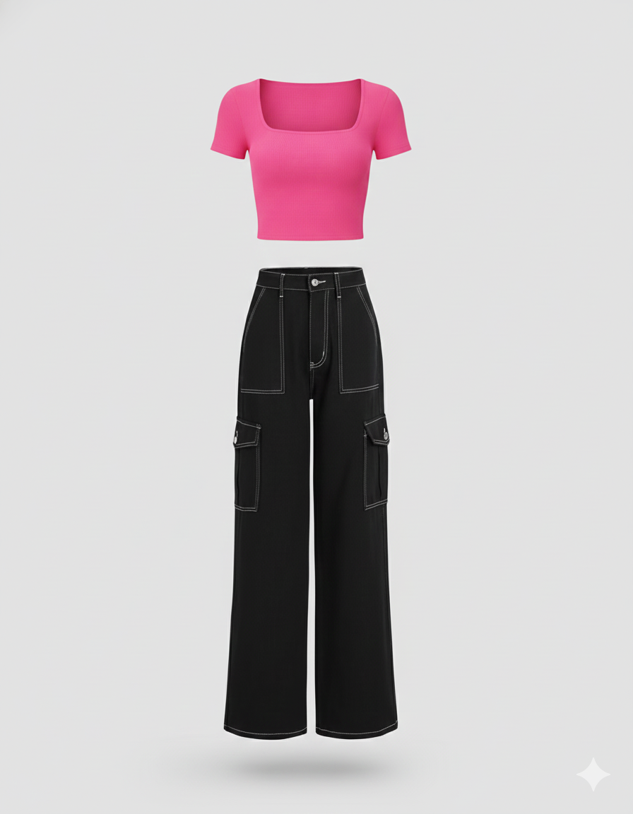 SQUARE NECK HALF SLEEVES CROPPED TOP WITH CARGO