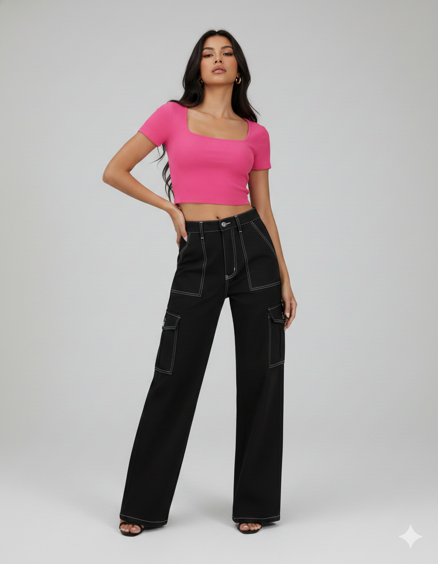 SQUARE NECK HALF SLEEVES CROPPED TOP WITH CARGO