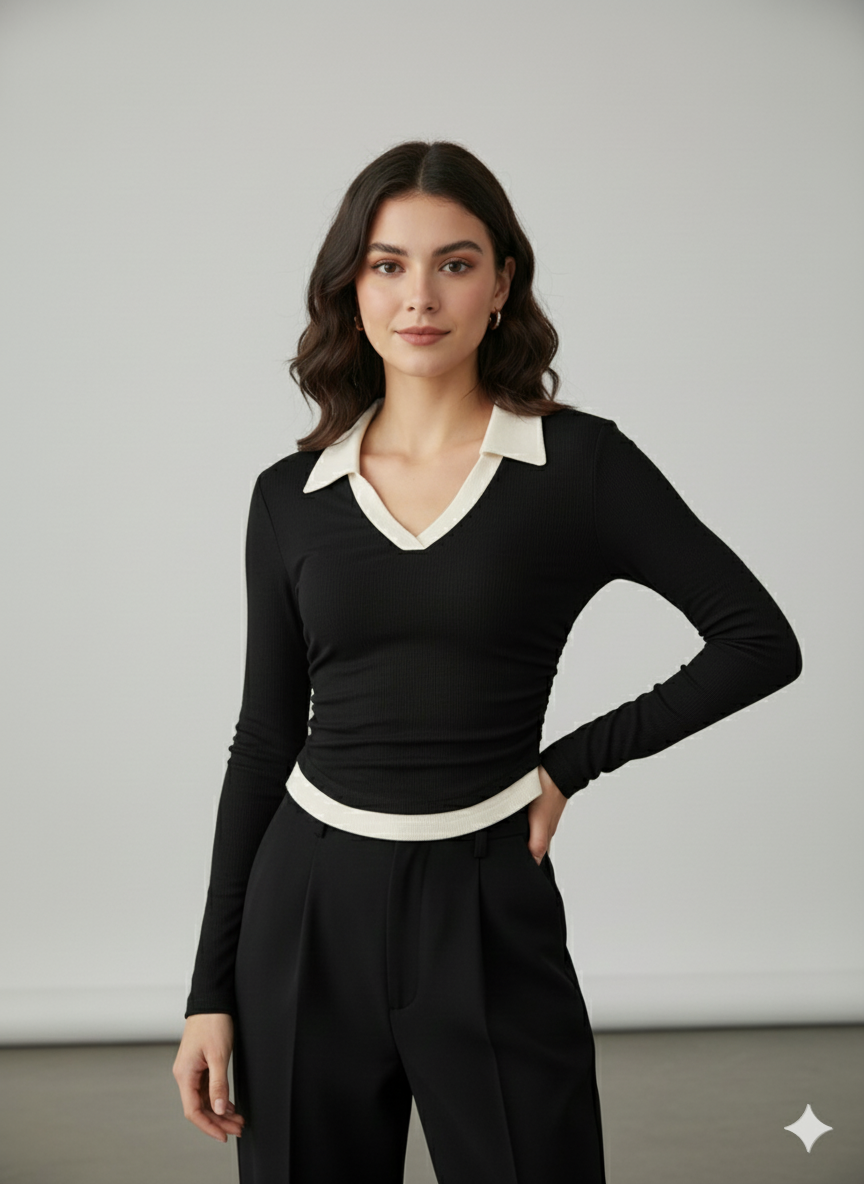 WHITE COLLAR FULLL SLEEVES WOMEN SOLID TOP