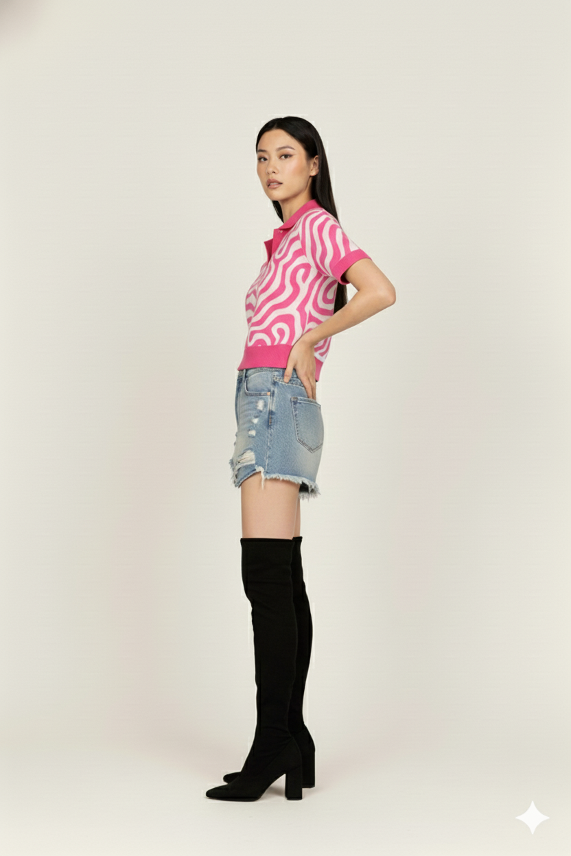 ABSRACT PRINT COLLARED HALF SLEEVES WOMEN TOP