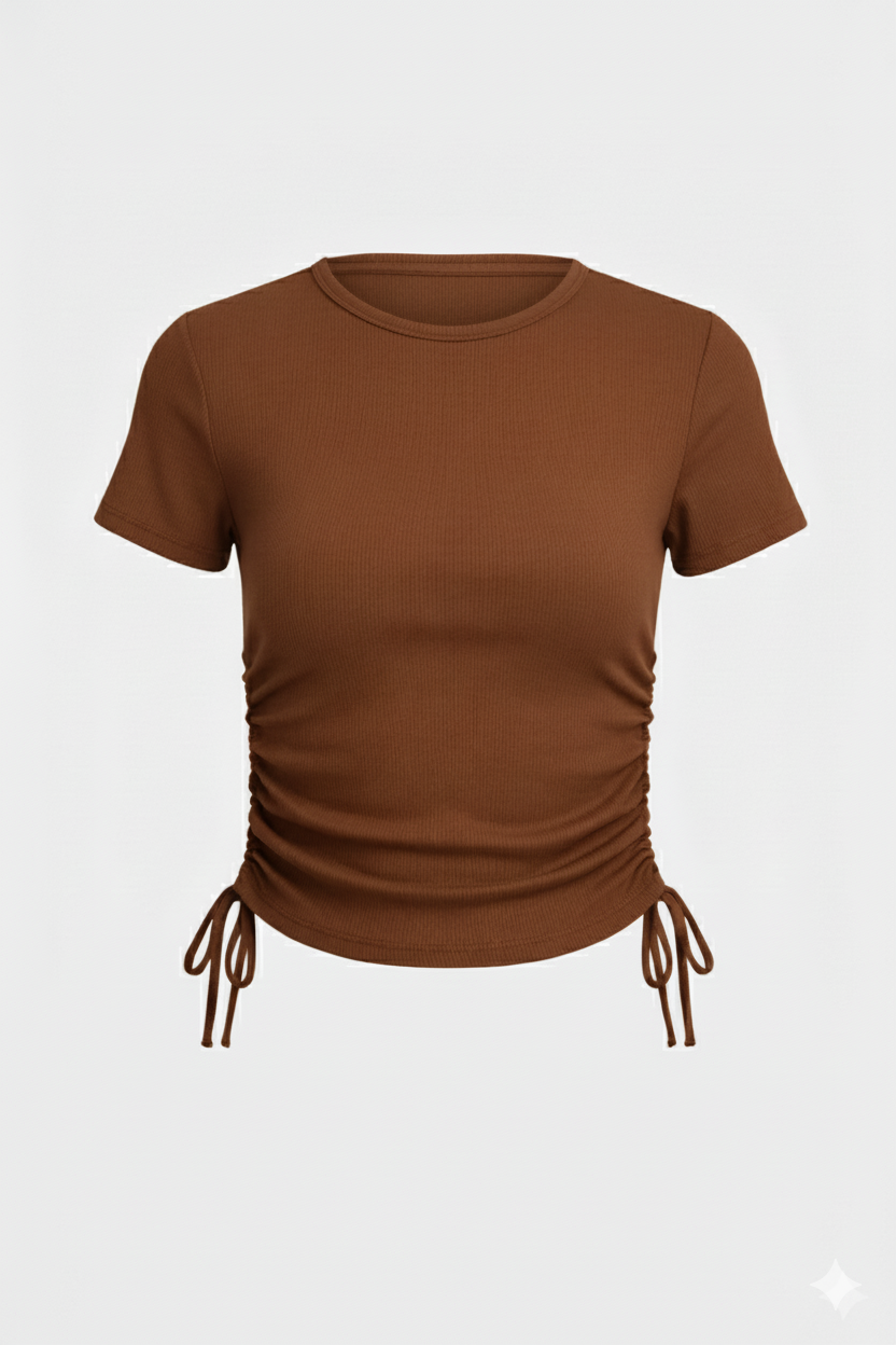 SIDE DRWASTEING ROUND NECK HALF SLEEVES WOMEN TOP