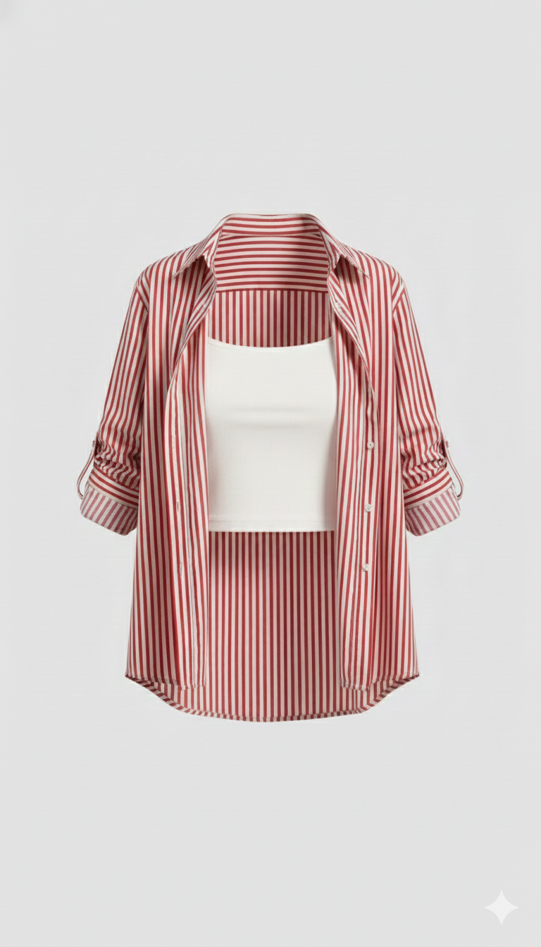 CAMISOLE AND RED AND WHITE STRIPE COTTON SHIRT COMBO