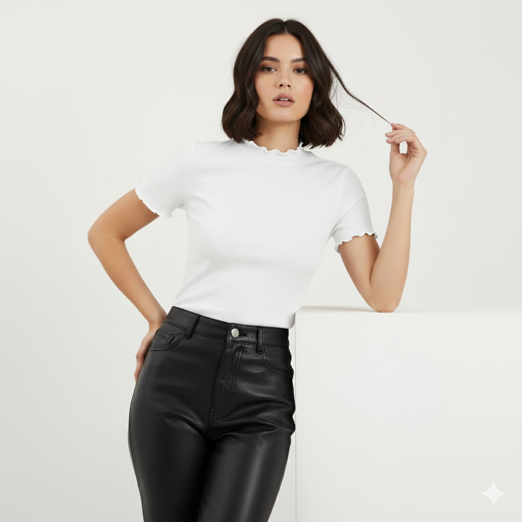 TEXTURED MOCK NECK HALF SLEEVES WOMEN SOLID TOP