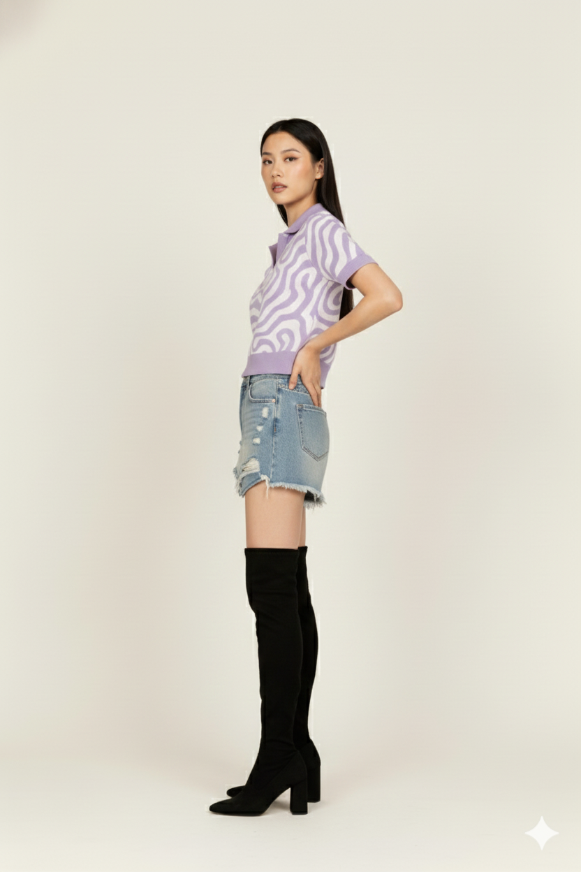 ABSRACT PRINT COLLARED HALF SLEEVES WOMEN TOP