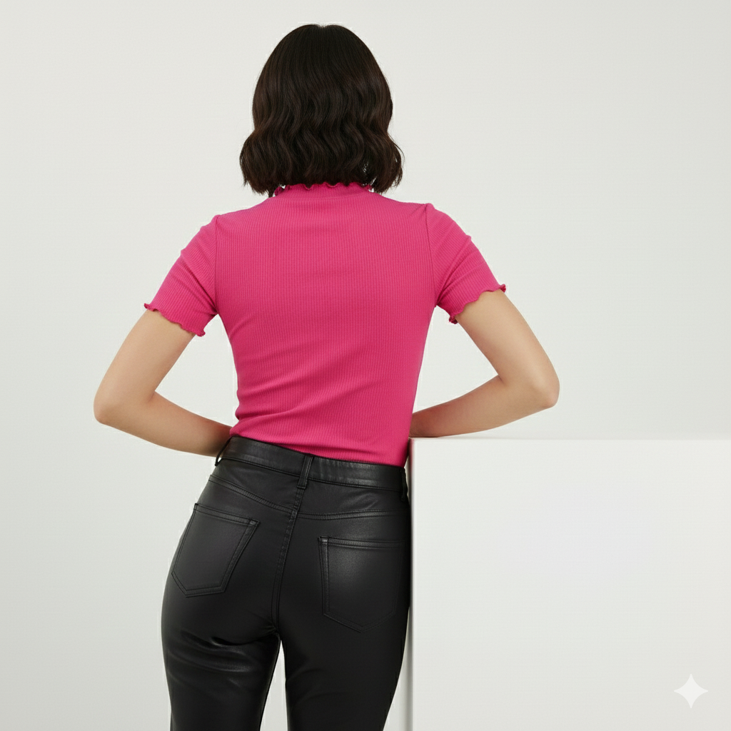 TEXTURED MOCK NECK HALF SLEEVES WOMEN SOLID TOP