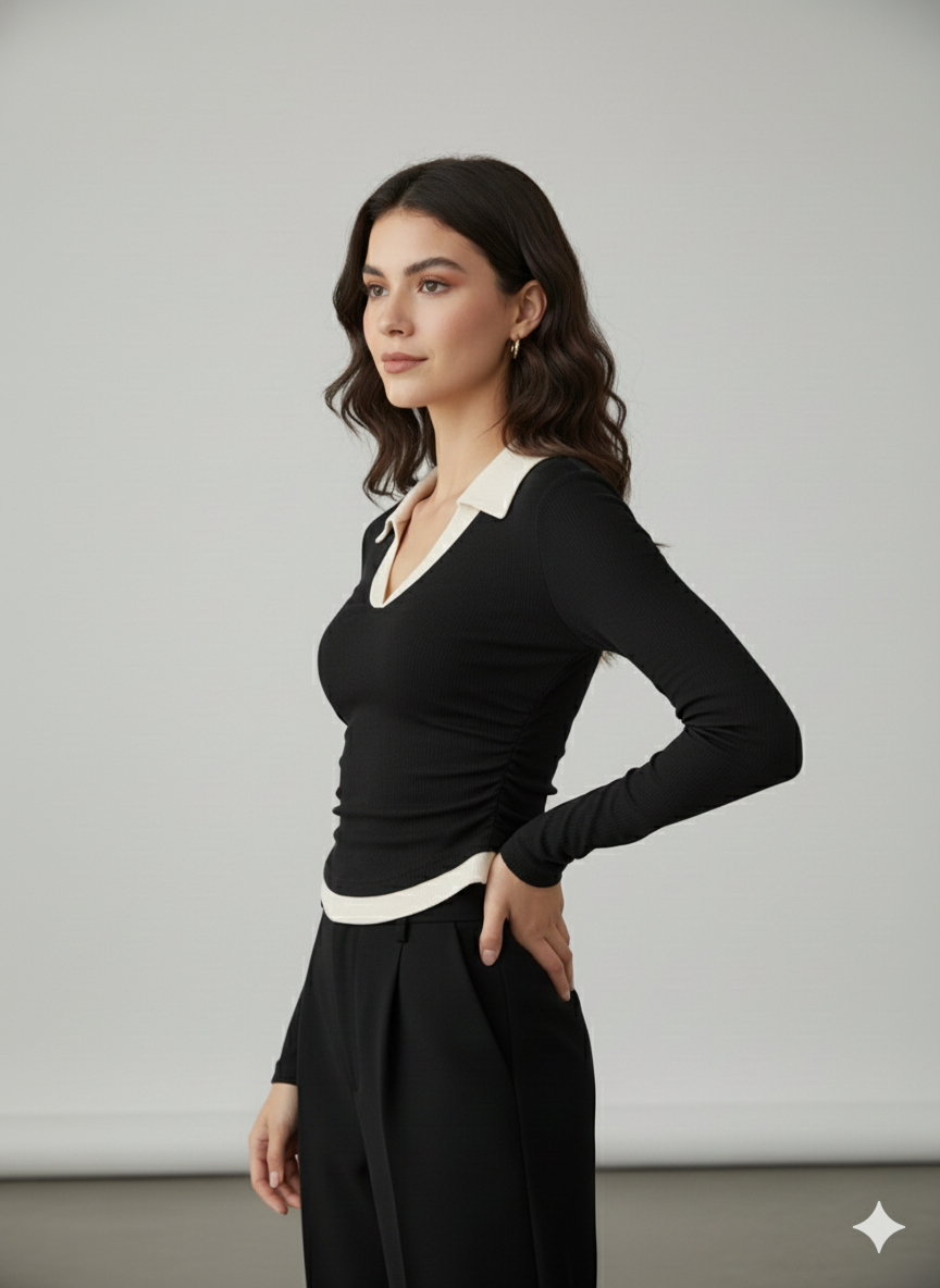 WHITE COLLAR FULLL SLEEVES WOMEN SOLID TOP