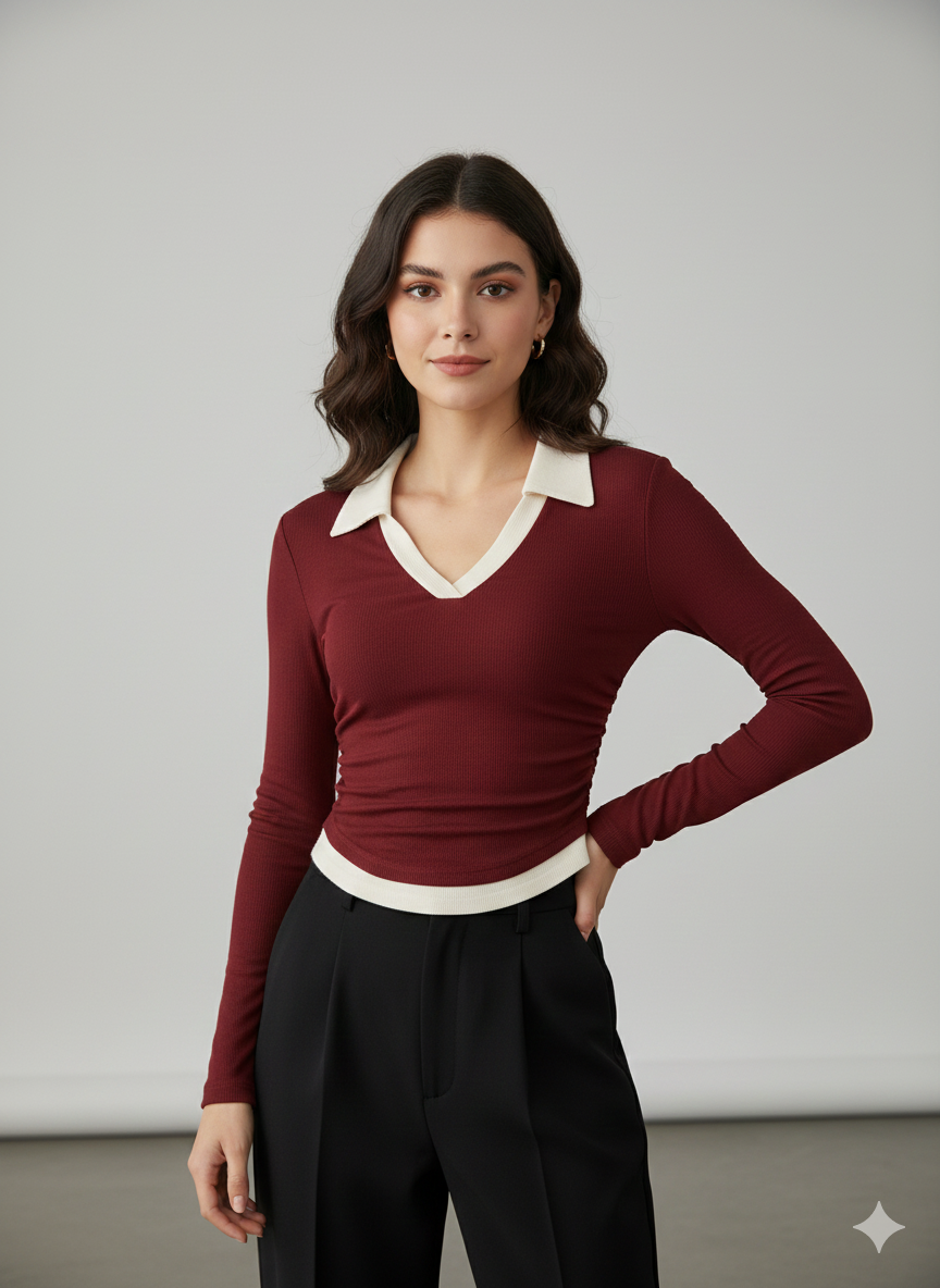 WHITE COLLAR FULLL SLEEVES WOMEN SOLID TOP