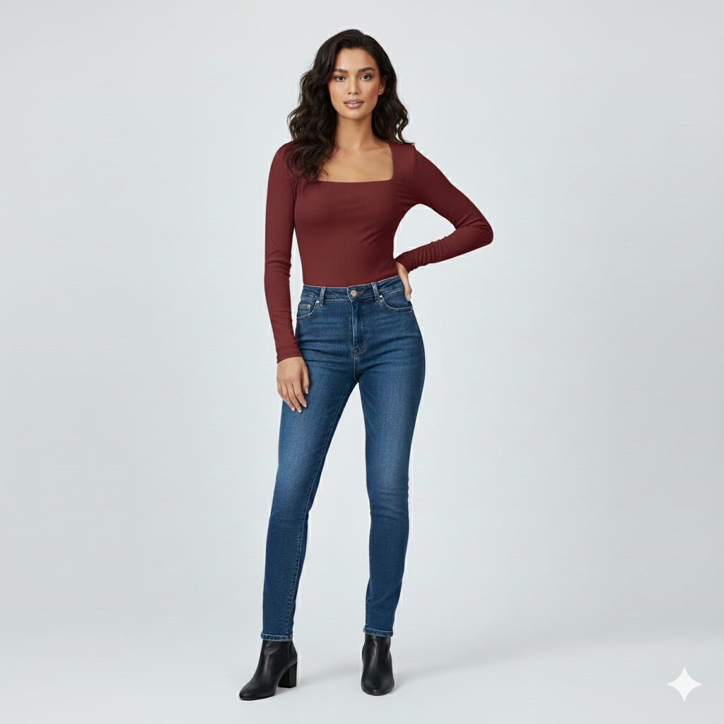 SQUARE NECK FULLL SLEEVES WOMEN SOLID TOP