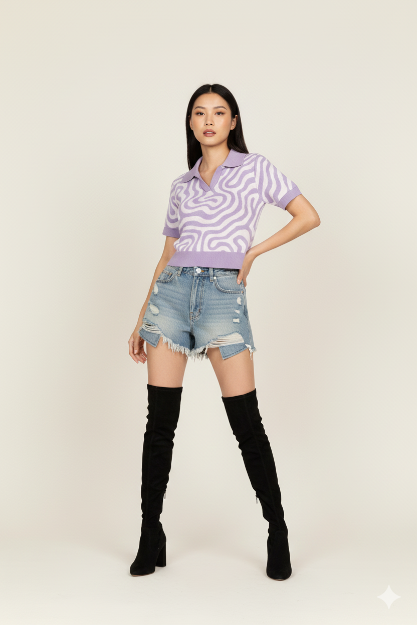 ABSRACT PRINT COLLARED HALF SLEEVES WOMEN TOP