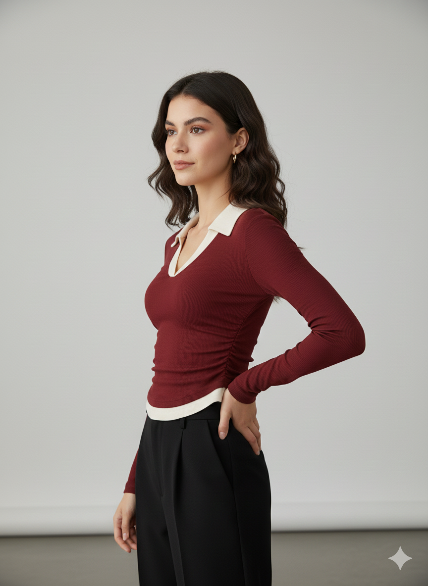 WHITE COLLAR FULLL SLEEVES WOMEN SOLID TOP