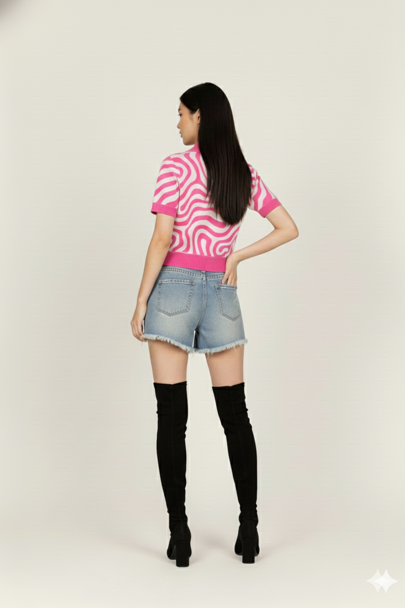 ABSRACT PRINT COLLARED HALF SLEEVES WOMEN TOP