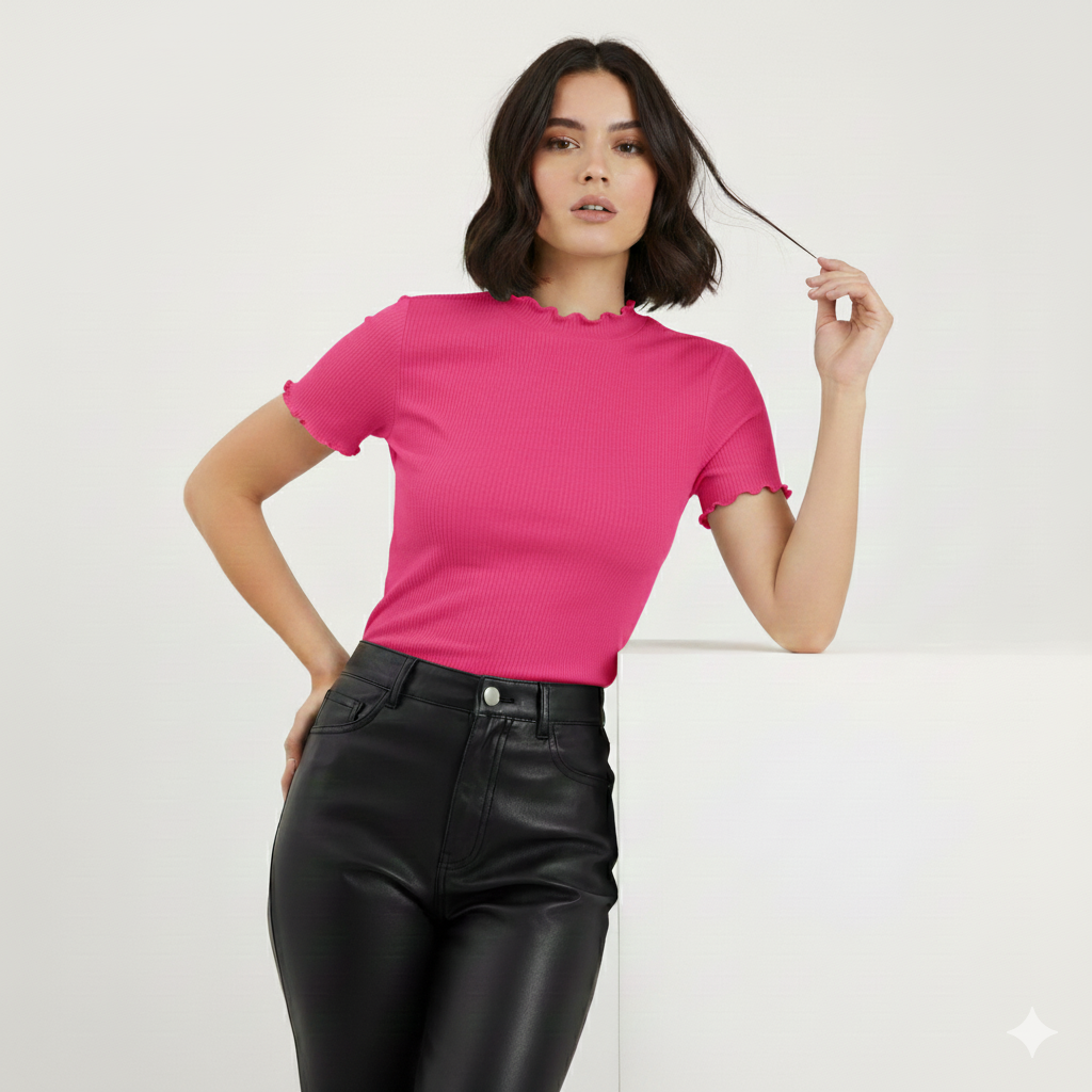 TEXTURED MOCK NECK HALF SLEEVES WOMEN SOLID TOP