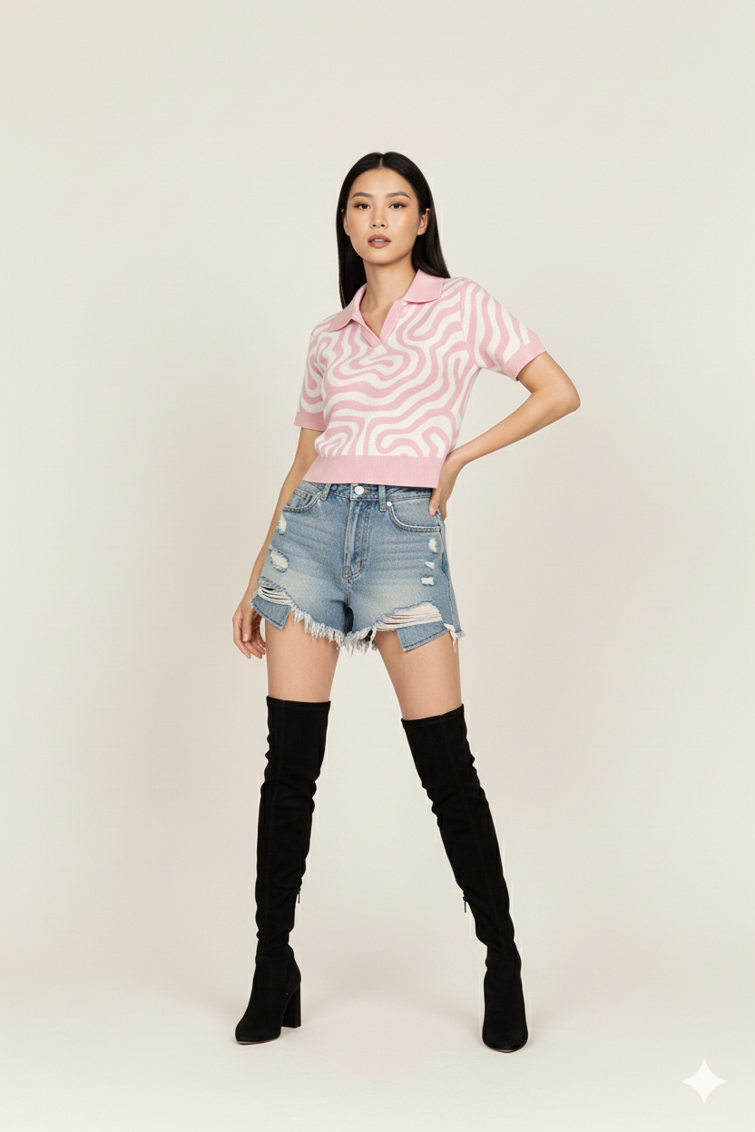 ABSRACT PRINT COLLARED HALF SLEEVES WOMEN TOP