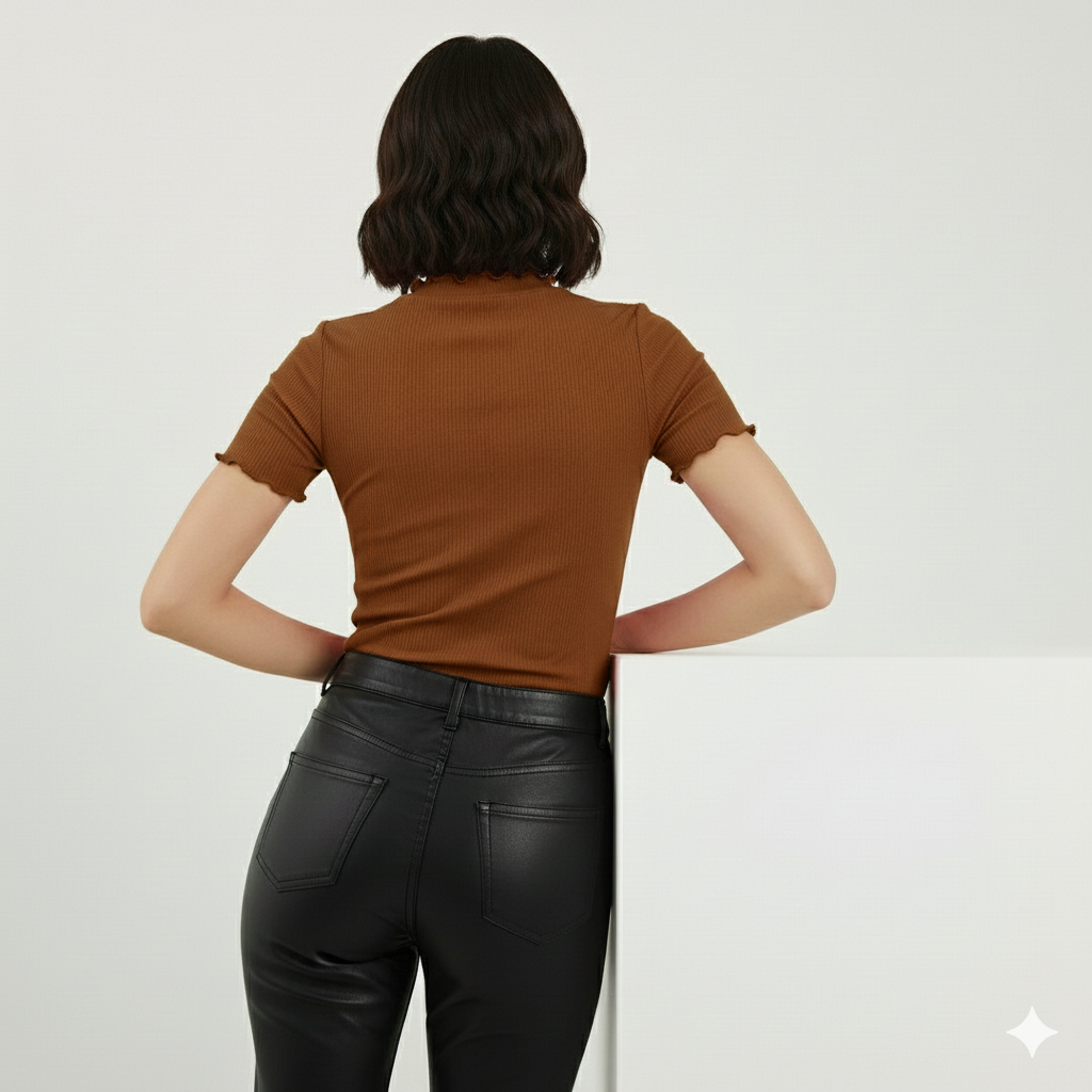 TEXTURED MOCK NECK HALF SLEEVES WOMEN SOLID TOP